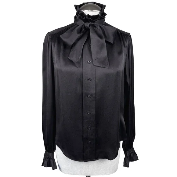 EQUIPMENT Femme Women Brown Silk Ruffle Neck Bow Button Down Blouse Shirt Small - Picture 1 of 10
